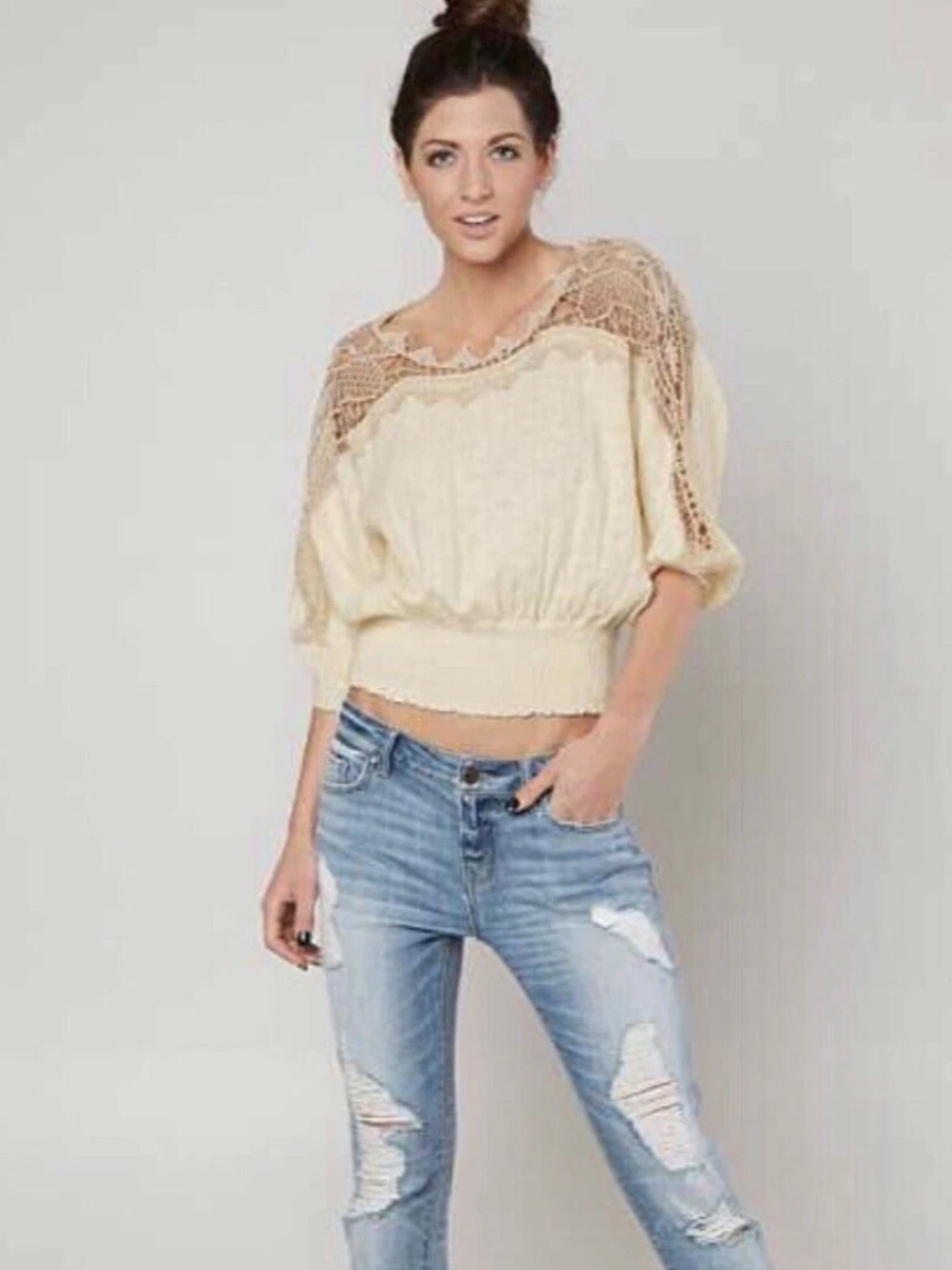 Free People Love Lace Peasant Top Ivory Crochet Lace Boho Size S - Picture 2 of 8